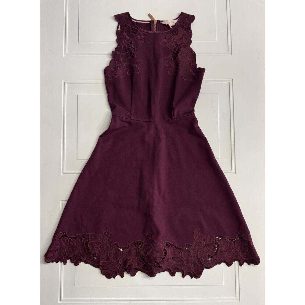 Ted Baker Emmona Burgundy Embroidered Lace Floral Skater Dress Size 0